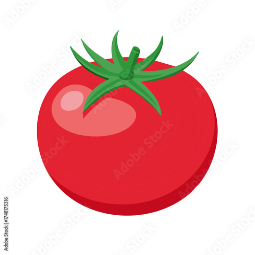 Isometric illustration of a red tomato with green leaves on the top
