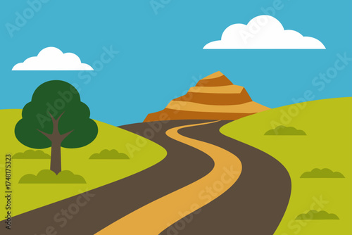 Winding road through green hills and mountains under blue sky