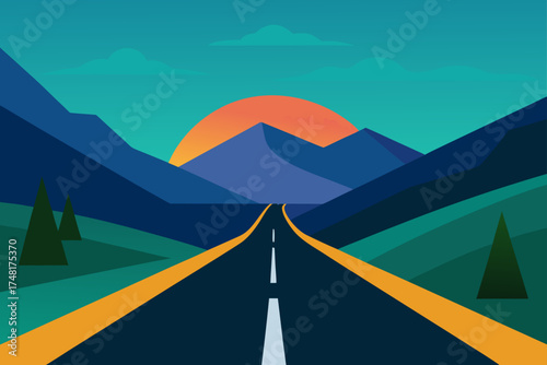 Scenic mountain road at sunset with vibrant sky and sun