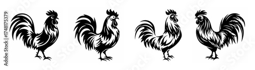 Four detailed roosters silhouette design elements chinese zodiac rooster animal graphics