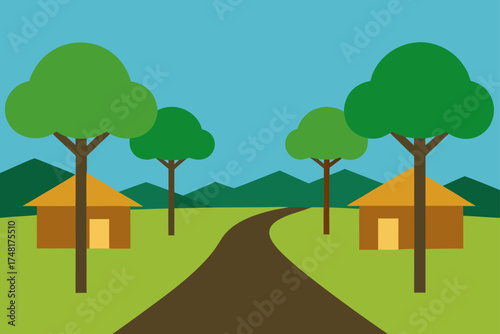 Simple illustration of a rural landscape with houses and trees