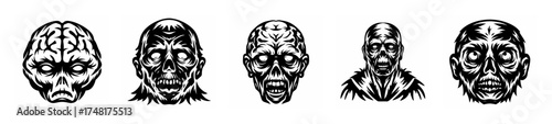 Five eerie zombie faces displayed horizontally in a grayscale raster image format