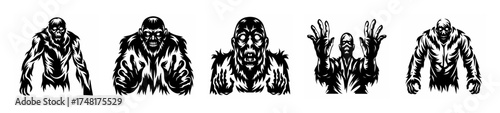 A lineup of five distinct zombie silhouettes in a stylized art print