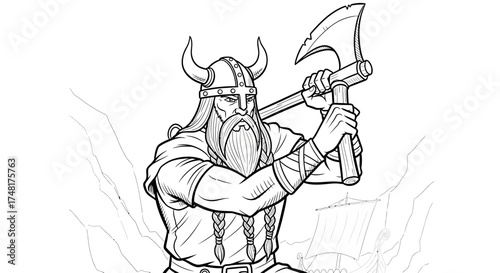 A fierce Viking warrior raises a battle axe, ready to strike.