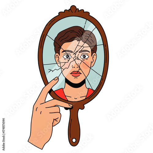 Illustration of a person looking at their reflection in a shattered mirror, with a hand pointing.