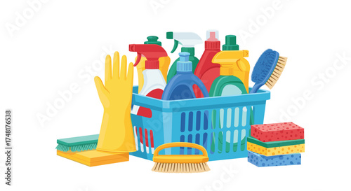 A basket overflowing with various cleaning supplies including bottles sprays and sponges for household chores.