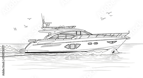 A luxurious yacht glides across the water, with birds flying in the sky.