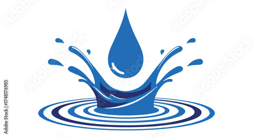 A blue water drop splashing into water with ripples isolated on transparent background
