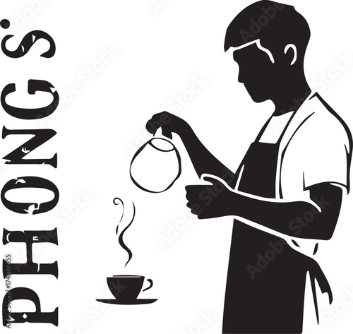 Barista Brewing Bliss: A dedicated barista, captured in silhouette, carefully pours hot water from a kettle into a teacup, steam curls gracefully above, in a moment of pure focus and coffee ritual.