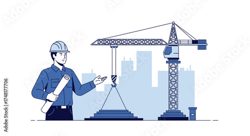 Architect overseeing construction site with crane and building in the background design
