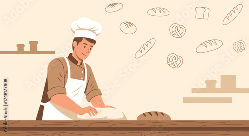 Baker man kneading dough in a bakery with different types of breads illustrations around him