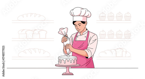 Baker decorating cake, illustration of pastry chef decorating a cake with cream, baking theme