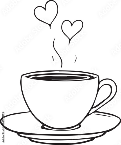 Black and white vector illustration of steaming coffee cup on saucer with heart-shaped steam lines