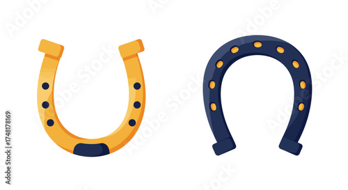 Two colorful horseshoes one gold and one dark blue are presented