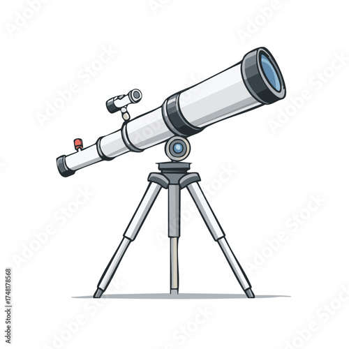 White cartoon telescope on a tripod for observing stars and celestial bodies