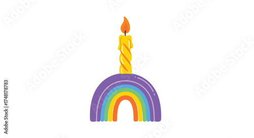 A whimsical birthday candle sits atop a vibrant rainbow arch symbolizing celebration and joy.