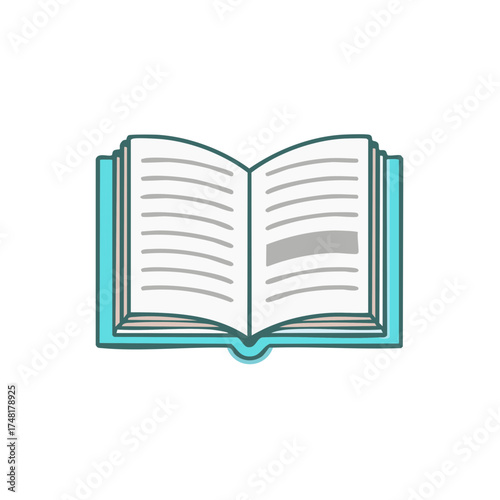 Open book illustration with blue cover, showing pages with grey lines for text, cartoon style