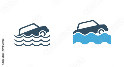 Two stylized car icons partially submerged in wavy blue water