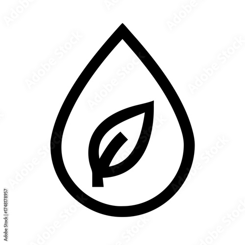 Black and white water drop illustration with a leaf inside