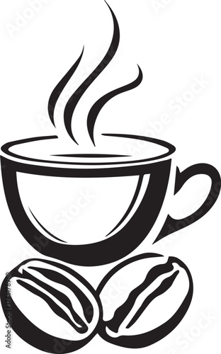 Black and white vector illustration of steaming coffee cup with two beans in minimal stylized layout