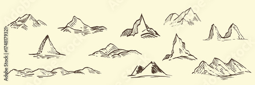 Mountains in various hand drawn sketch style. Set of doodle minimalist vector illustration from ink, crayon or ballpoint. Monochrome cartoon design for branding cover banner, poster, menu, card.