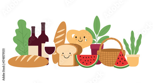 Delicious and refreshing picnic spread with bread wine and fruit.