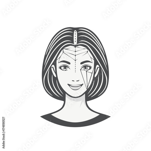 Woman portrait illustration with geometric facial lines for beauty mapping or technology