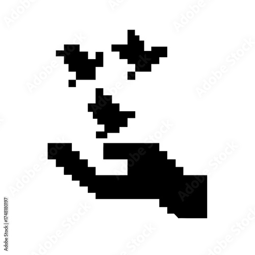 Pixelated hand releasing three birds