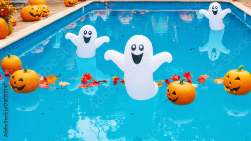 Inflatable white ghost and carved jack-o-lantern pumpkin float in a blue swimming pool with autumn leaves decorations. Halloween party concept.