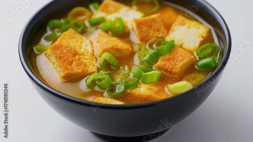 Bowl of hot and savory soup with tofu and green onions