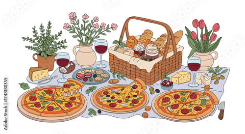 A delightful outdoor picnic spread featuring pizzas and fresh flowers.