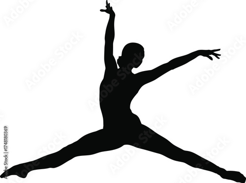 Silhouette of a female dancer in a leaping pose isolated on white background, showcasing grace, flexibility, and artistic expression through movement