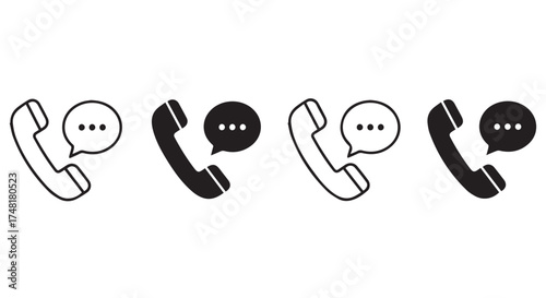 Four icons depicting a telephone handset with a speech bubble, alternating between outline and solid black styles, isolated on transparent background