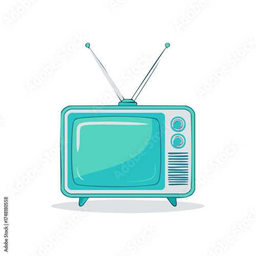 Retro turquoise television with two antennas and knobs, vintage electronics illustration.