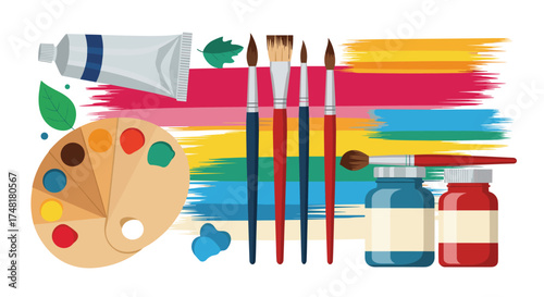 A vibrant collection of art supplies including paints brushes and a palette.