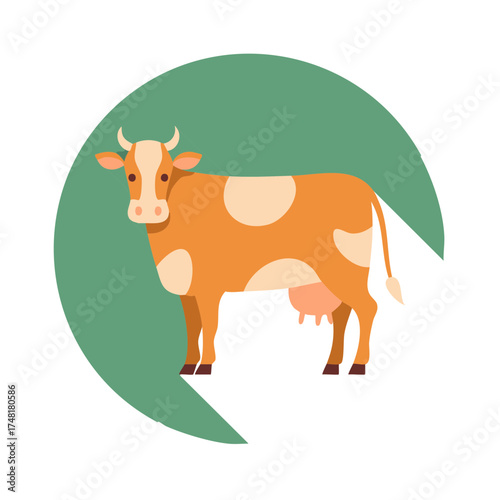 Cartoon Style Cow on Green Circle Animal Icon Illustration