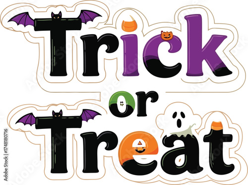 Vector art of trick or treat sticker with bat and ghost