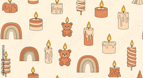 A cute seamless pattern with various candle designs and small rainbow shapes scattered across a light beige background.