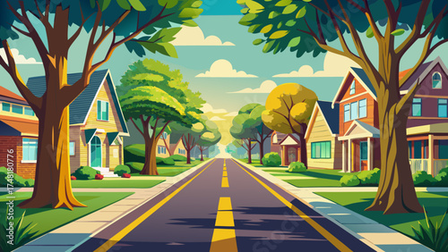 Very beautiful tree-lined street with symmetrical suburban houses and yellow road line, vector-style scene capturing balance, calmness, and cozy residential atmosphere.