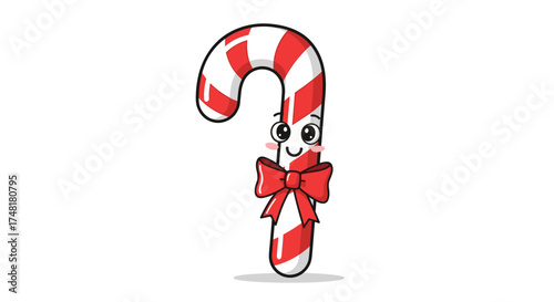 A cheerful candy cane with a red ribbon tied around its middle wearing a happy face.