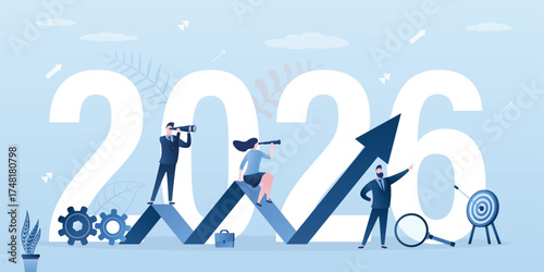 Business team seeking new opportunities. Leadership, global vision, business development. Happy new year 2026. Growth chart, future achievement. 2026 business goals concept.