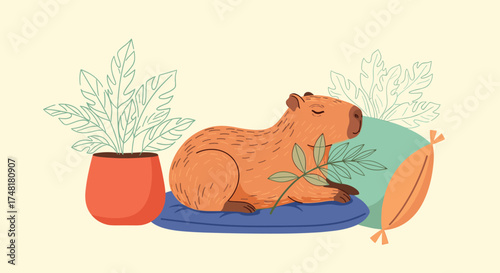 A cute capybara relaxing on cushions surrounded by plants.
