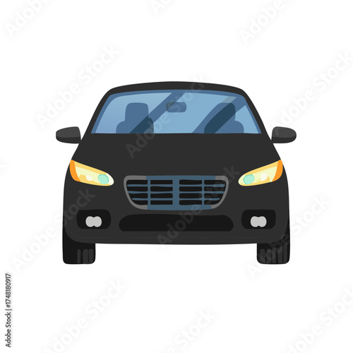 Black sedan car illustration showing the front view with headlights and a grille