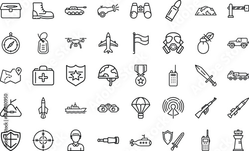 Military And Defense Equipment icon set. army, defense, weapon, equipment, gear, uniform, war, training, troop, combat and more On White Background.