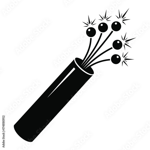 Black silhouette of a sparkler exploding with bright stars and sparks on a