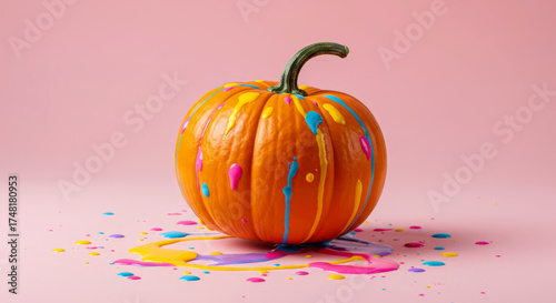 Orange pumpkin covered in colorful paint drips. Creative halloween decoration idea for holiday party. Art project for kids or adults.