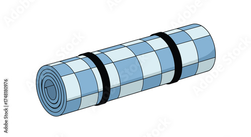 A rolled up sleeping mat with a checkered blue and white pattern held by black straps.