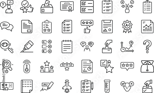 Survey And Questionnaire Elements icon set.  survey, questionnaire, feedback, review, report, opinion, exam, test, choice, quiz, document, checklist, form, rating, analysis  On White Background
