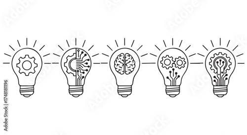 A row of five light bulb icons with internal gears, circuits, and brain imagery, isolated on transparent background