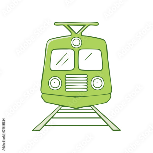 Simple green cartoon train front view on tracks doodle style